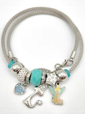 Disney Tinker Bell Charm Bracelet Turquoise Beads Silver Tone Fairy